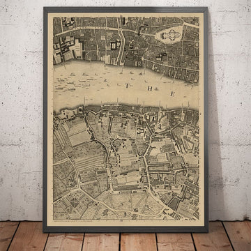 Mapa antiguo de Londres, 1746 por John Rocque - D2 - Catedral de St Pauls, Blackfriars, Southbank, Bankside,. Fleet Street, Temple, Terreno superior
