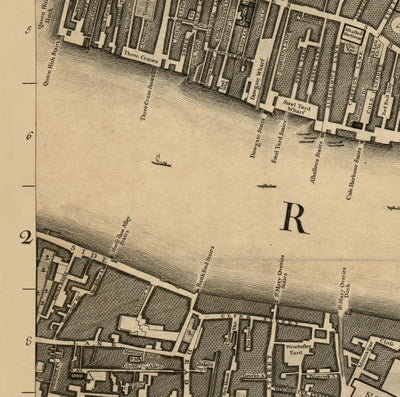 Alte Karte von London, 1746 von John Rocque, E2 - London Bridge, Stadt London, Borough, Bermondsey, Denkmal, Kanone, Bank, billig