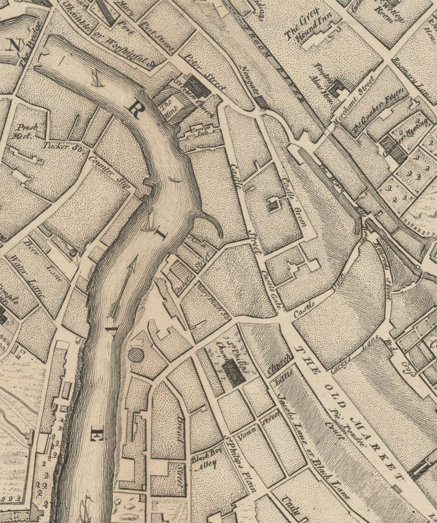 Antica mappa di Bristol nel 1750 di John Rocque - Clifton, Kingsdown, Redcliffe, mappa della città della cattedrale 