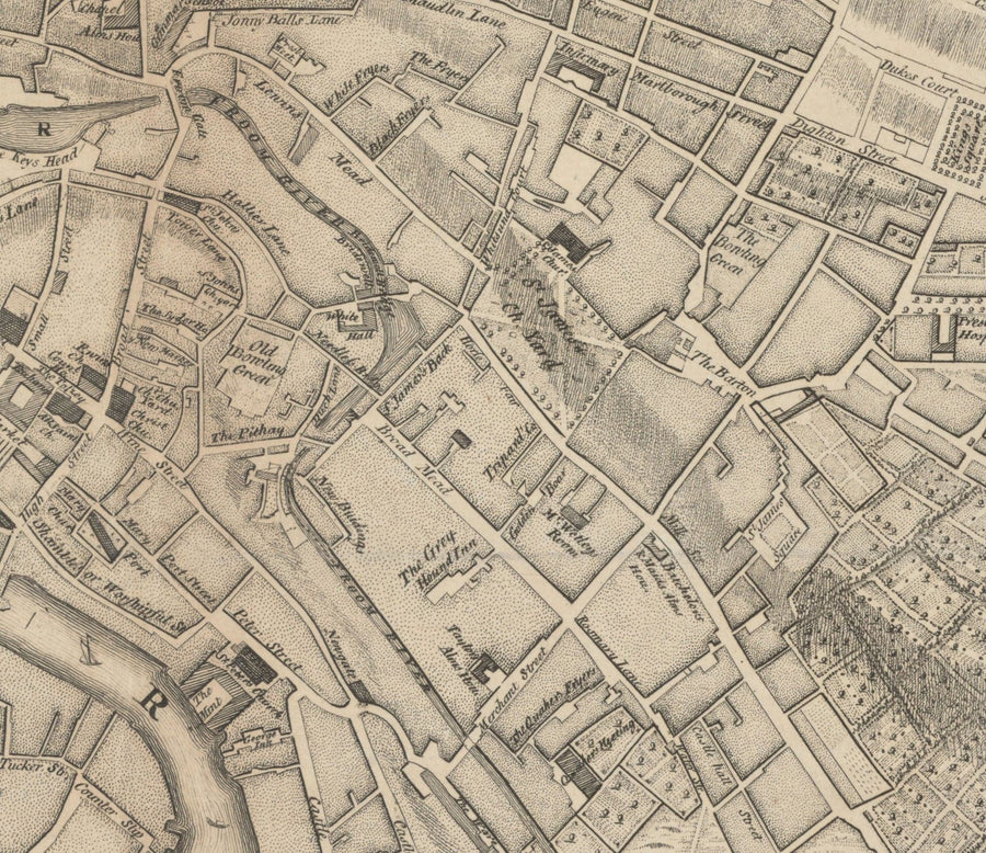 Antica mappa di Bristol nel 1750 di John Rocque - Clifton, Kingsdown, Redcliffe, mappa della città della cattedrale 