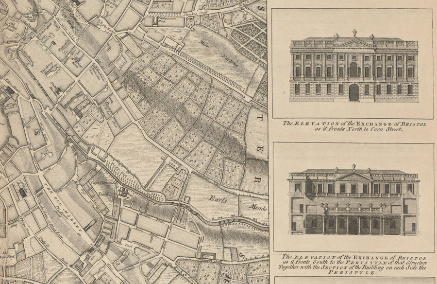 Antica mappa di Bristol nel 1750 di John Rocque - Clifton, Kingsdown, Redcliffe, mappa della città della cattedrale 