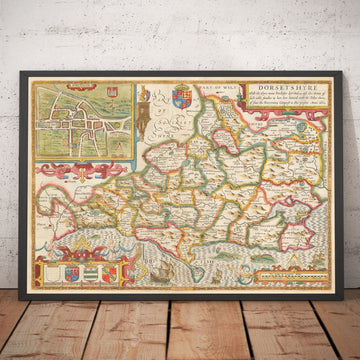Viejo mapa de Dorset en 1611 por John Speed ​​- Poole, Weymouth, Dorchester, Bridport