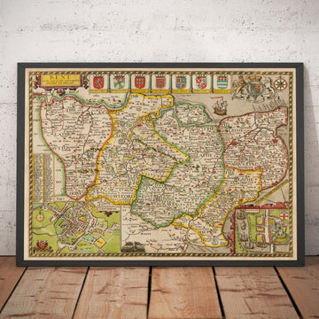 Alte Karte von Kent im Jahr 1611 von John Speed - Dartford, Maidstone, Bromley, Tunbridge, Gillingham, Chatham 