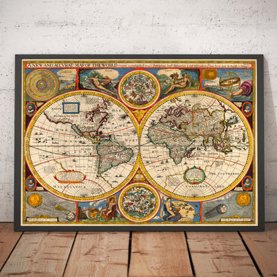 Carte ancienne du monde de 1651 par John Vitesse - Art mural vintage de couleur rare
