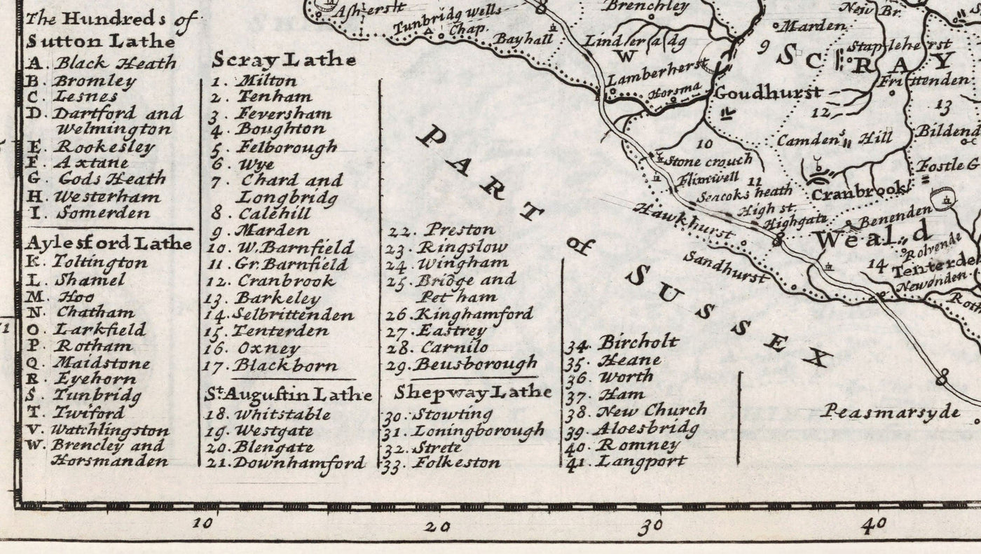 Alte Karte von Kent 1724, Herman Moll - Dartford, Maidstone, Bromley, Tunbridge, Gillingham, Chatham