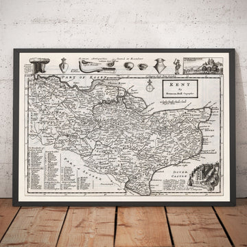 Vecchia mappa del Kent 1724, Herman Moll - Dartford, Maidstone, Bromley, Tunbridge, Gillingham, Chatham 