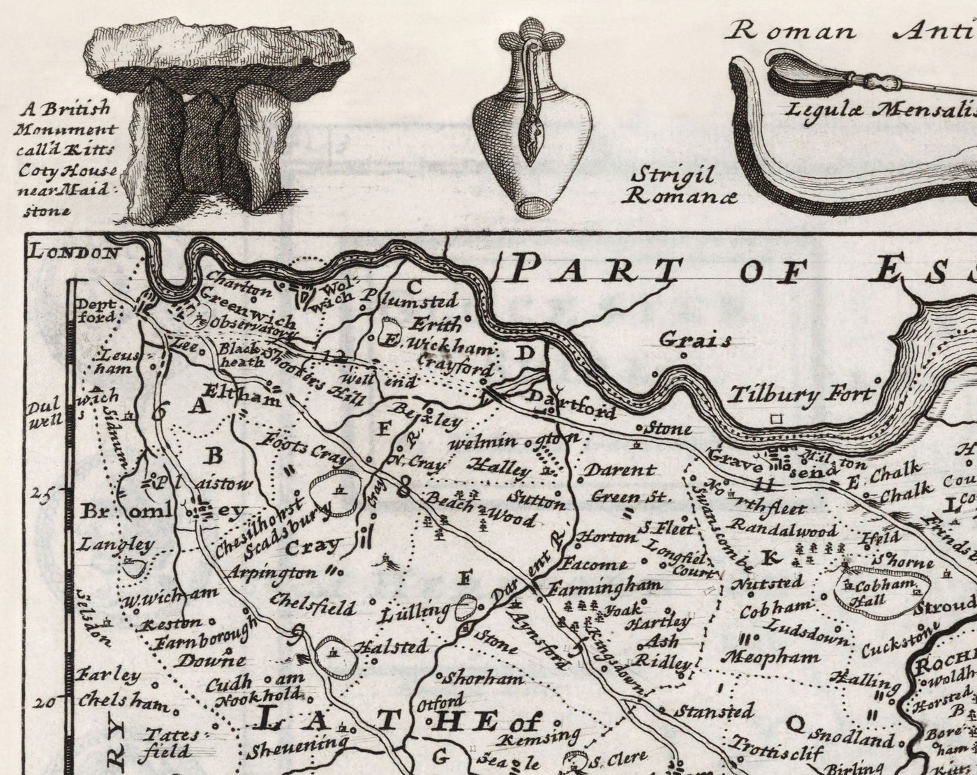Alte Karte von Kent 1724, Herman Moll - Dartford, Maidstone, Bromley, Tunbridge, Gillingham, Chatham
