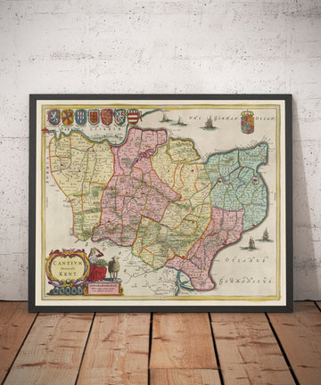 Alte Karte von Kent im Jahr 1665 von Joan Blaeu - Canterbury, Maidstone, Bromley, Tunbridge, Margate, Dartford 