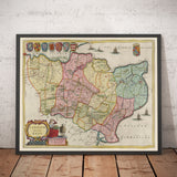 Ancienne carte de Kent en 1665 par Joan Blaeu - Canterbury, Maidstone, Bromley, Tunbridge, Margate, Dartford