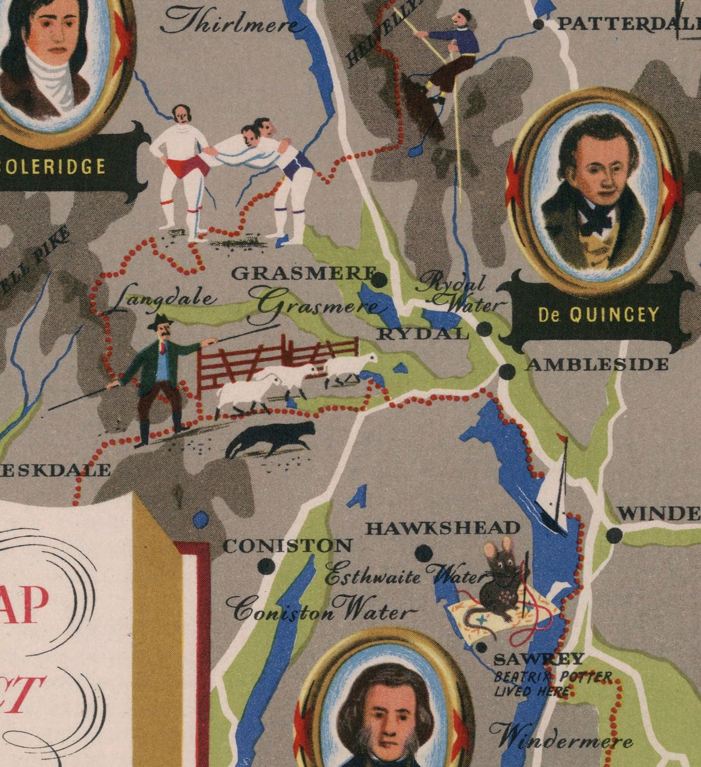 Ancienne carte de la District de la lacière, 1950 - Windermere, Derwentwater, Coniston, Lakeland, Keswick, Penrith, Cumbria
