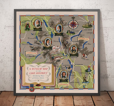 Ancienne carte de la District de la lacière, 1950 - Windermere, Derwentwater, Coniston, Lakeland, Keswick, Penrith, Cumbria
