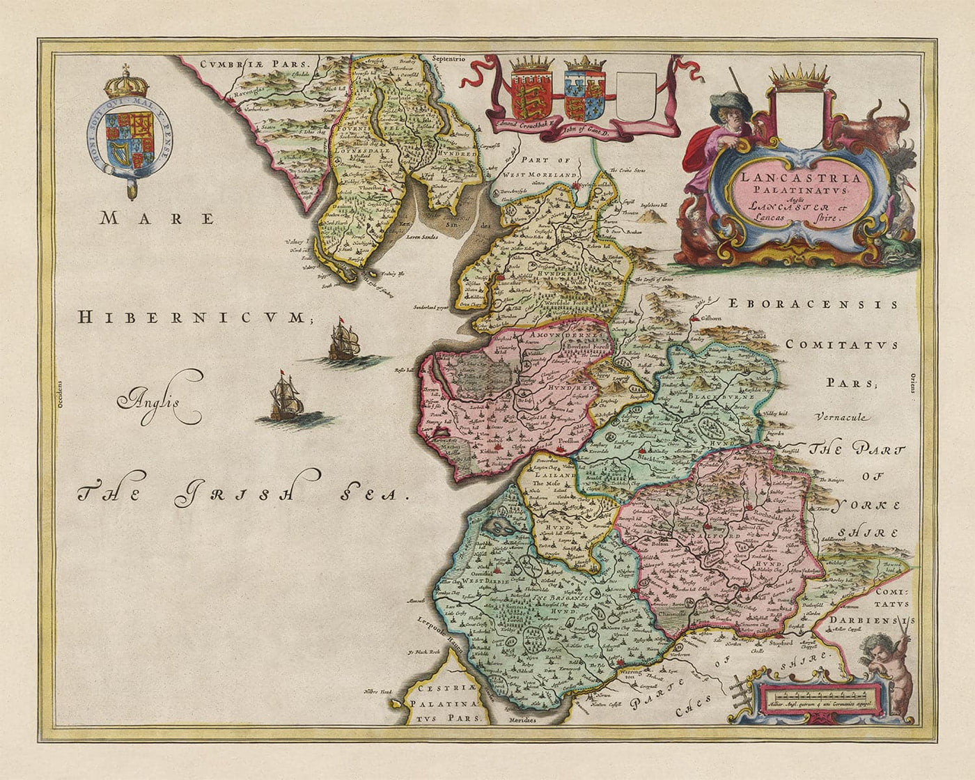Ancienne carte de Lancashire, 1611 par Joan Blaeu - Manchester, Liverpool, Preston, Blackburn