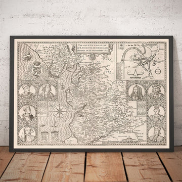 Alte Karte von Lancashire, 1611 von John Speed - Manchester, Liverpool, Preston, Blackburn, Burnley, Windermere 