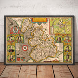 Alte Karte von Lancashire im Jahr 1611 von John Speed - Manchester, Liverpool, Preston, Blackburn, Windermere 