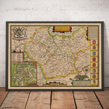 Mapa antiguo de Leicestershire en 1611 por John Speed ​​- Leicester, Loughborough, Hinckley, Wigston