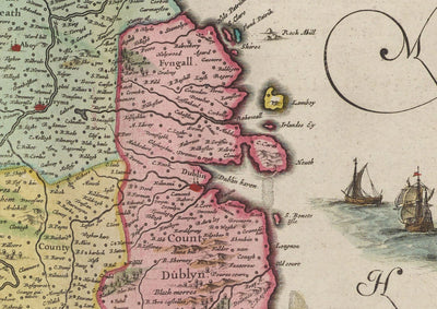 Ancienne Carte de Leinster, Irlande en 1665 par Joan Blaaueu - County Dublin, Kilkenny, Meath, Drogheda Swords, Waterford, East Eire
