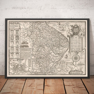 Viejo Mapa monocromo de Lincolnshire en 1611 por Speed ​​- Lincoln, Grimsby, Grantham, Boston, Scunthorpe, East Midlands