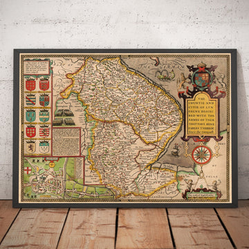 Antica mappa del Lincolnshire nel 1611 di John Speed - Lincoln, Grimsby, Grantham, Boston 