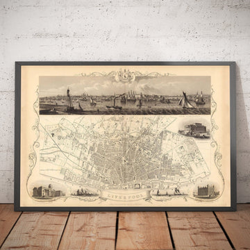 Mappa monocromatica antica di Liverpool di John Rapkin, 1851 