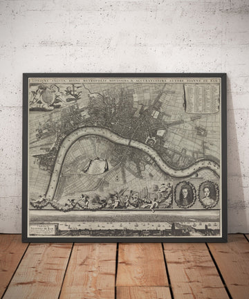 Raro mapa antiguo de Londres en 1690 por Joannes de Ram