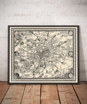Viejo mapa monocromo de Londres, suburbios y cinturón de cercanías de Max Gill en 1928 - "Flow Flog son nuestras rutas de autobuses"