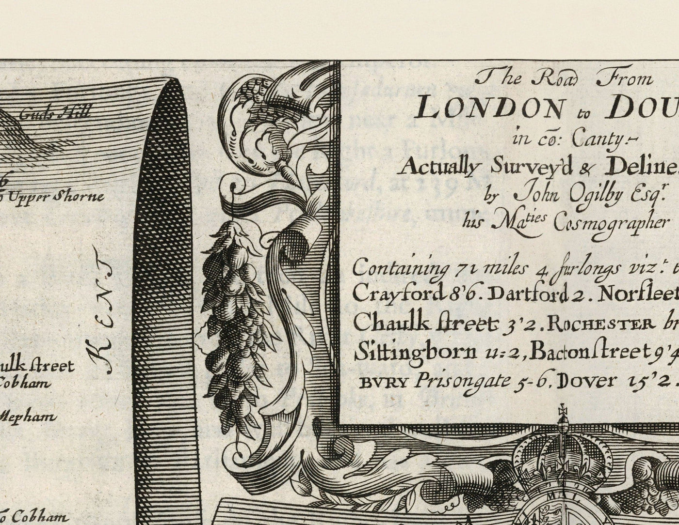 Mapa de ruta antigua de Londres a Dover, 1645 de John Ogilby - Historic Kent A2 Mapa de viaje