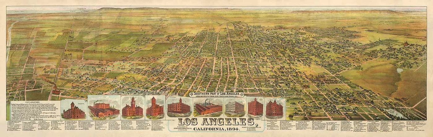 Old Vögel SEug-Karte von Los Angeles 1894 von BW Pierce - Downtown, Historic Südland La, Pico, Inglewood, Pazifik