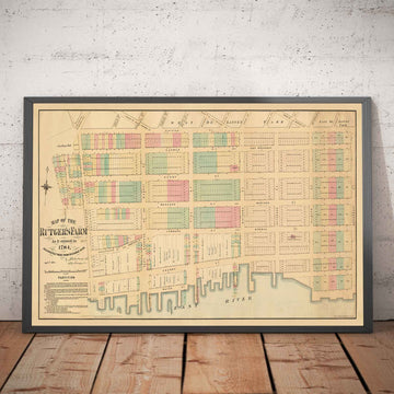 Ancienne carte du Lower East Side et des deux ponts, NYC 1874 - Rues de Manhattan, Ferme de Rutger, East River