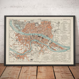Plan ancien de Lyon, France en 1888 par Louis-Francois - La Basilique Notre Dame, le Rhône, la Saône, le Parc de la Tete d'Or, la Place des Terreaux