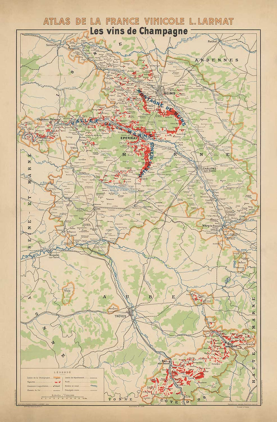 Mappa del vecchio vigneto di Champagne, Francia, 1944 di Louis Larmat - Reims, Epernay, Troyes, Chateau-Thierry, Bar-Sur-Seine 