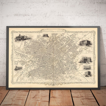 Old Map of Manchester and Environs by John Rapkin, 1851 - Town Hall, Royal Infirmary, Train Stations
