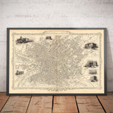 Antiguo mapa de Manchester y sus alrededores por John Rapkin, 1851 - Ayuntamiento, Royal Infirmary, estaciones de tren