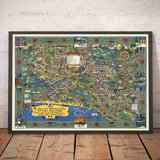 Ancienne carte de Melbourne, Victoria par John Power Studios, 1934 - Centre-ville, gare, parcs, zoo, plage, rivière Yarra