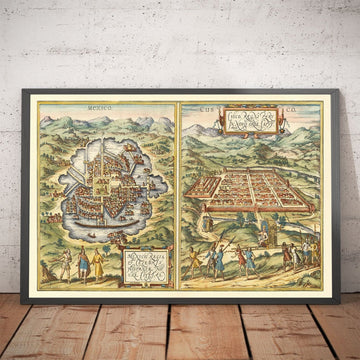 Mapa antiguo de México Ciudad y Cusco, 1572 de Georg Braun - Aztec, Perú, Texcoco, Tenochtitlan, Colonialismo español