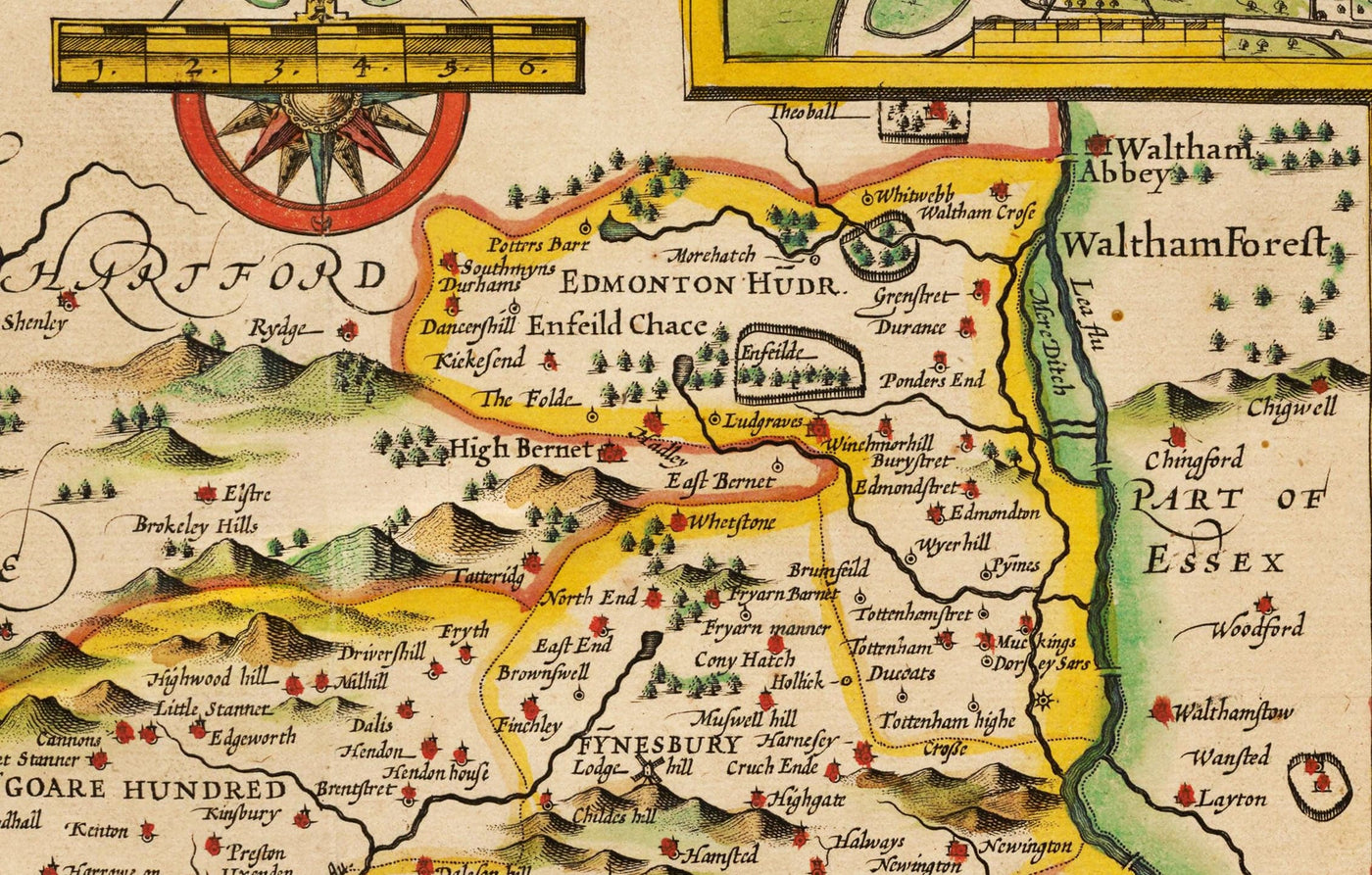 Ancienne Carte de Middlesex en 1611 par John Speed ​​- West London, Nord London, Westminster