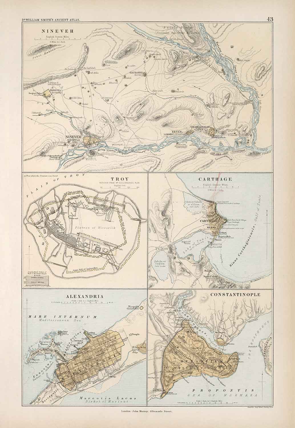 Mapa antiguo de las ciudades antiguas del norte de África y Oriente Medio, 1874 por Smith - Troya, Cartago, Nínive, Constantinopla, Alejandría