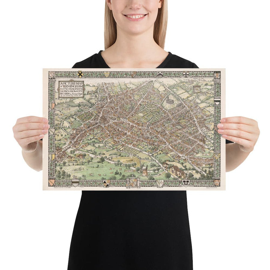 Antica mappa pittorica di Birmingham nel 1730 di Bernard Sleigh 