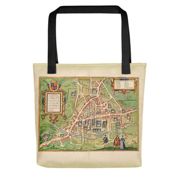 Borsa Tote di Cambridge con mappa storica di Cambridge (Cantebrigia) e le sue vecchie università nel 1575 di George Braun 