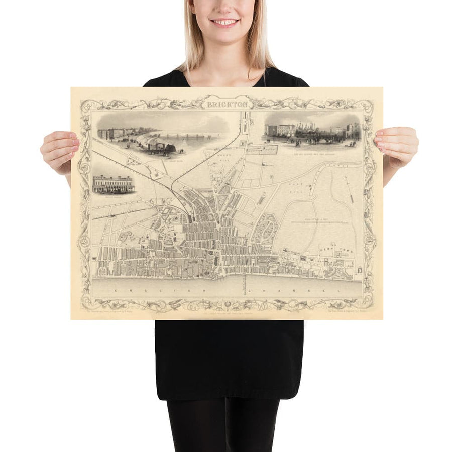 Mappa antica di Brighton nel 1851 di J. & F. Tallis - Lanes, Pier, Parade, Old Steine, Kemptown, East Sussex 