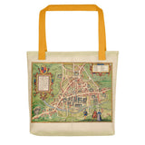 Borsa Tote di Cambridge con mappa storica di Cambridge (Cantebrigia) e le sue vecchie università nel 1575 di George Braun 
