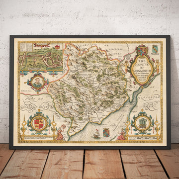 Mappa antica del Monmouthshire, Galles, 1611 di John Speed - Abergavenny, Caldicot, Chepstow, Monmouth, Magor 