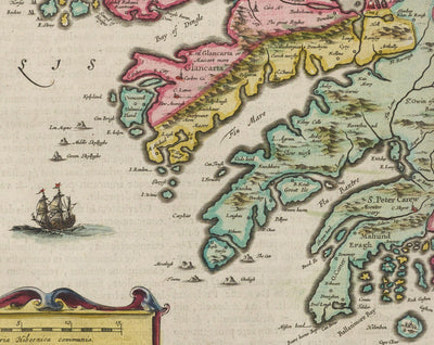 Mapa antiguo de Munster, Irlanda en 1665 por Joan Blaeu - Condado de Cork, Clare, Kerry, Limerick, Tipperary, Southwest Eire.