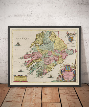 Ancienne carte de Munster, Irlande en 1665 par Joan Blaaeu - County Cork, Clare, Kerry, Limerick, Tipperary, Southwest Eire