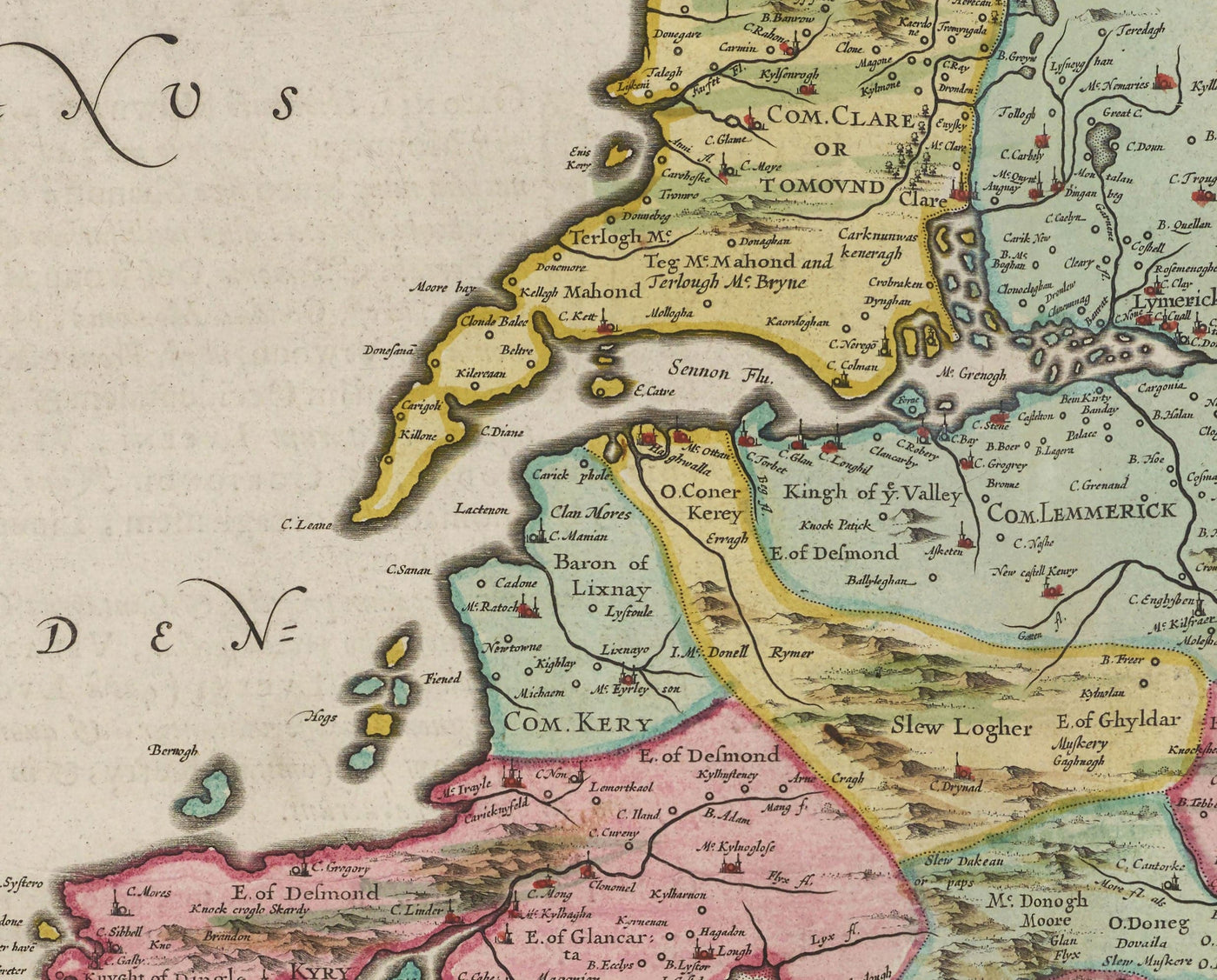 Mapa antiguo de Munster, Irlanda en 1665 por Joan Blaeu - Condado de Cork, Clare, Kerry, Limerick, Tipperary, Southwest Eire.