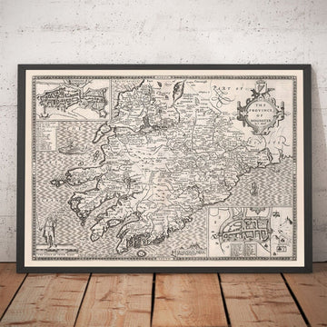 Viejo mapa monocromo de Munster, Irlanda en 1611 por John Speed ​​- County Cork, Clare, Kerry, Limerick, Tipperary, Waterford, Dingle