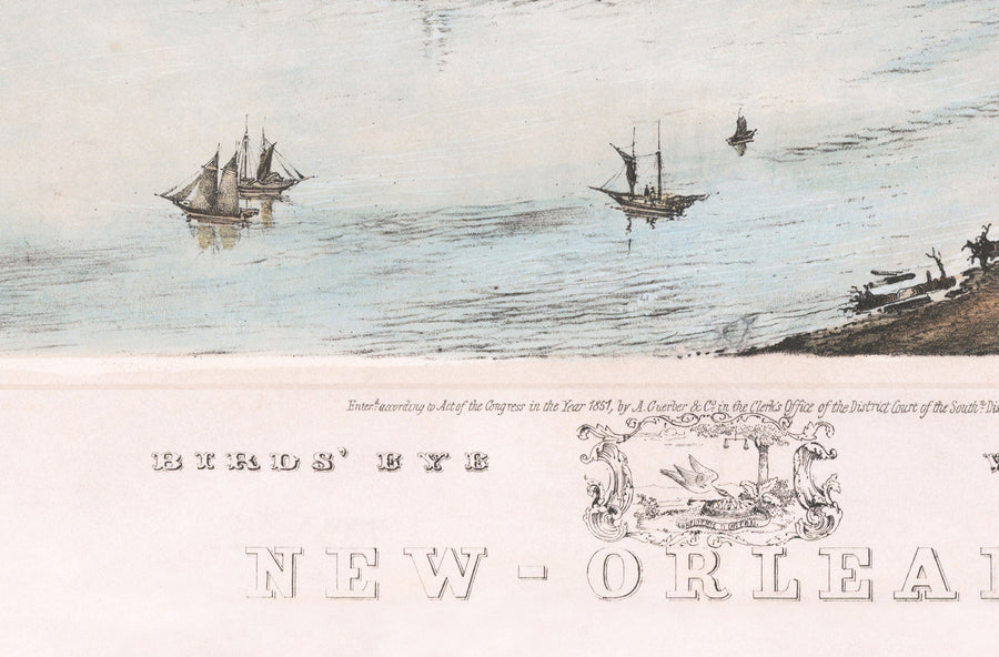 Vecchia mappa Birds Eye di New Orleans nel 1851 - Quartiere Francese, CBD, Treme, fiume Mississippi, Cattedrale di St Louis, Jackson Square 