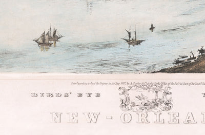 Old Oiseaux Carte des yeux de la Nouvelle-Orléans en 1851 - Quartier français, CBD, TREME, River Mississippi, Cathédrale Saint-Louis, Square Jackson