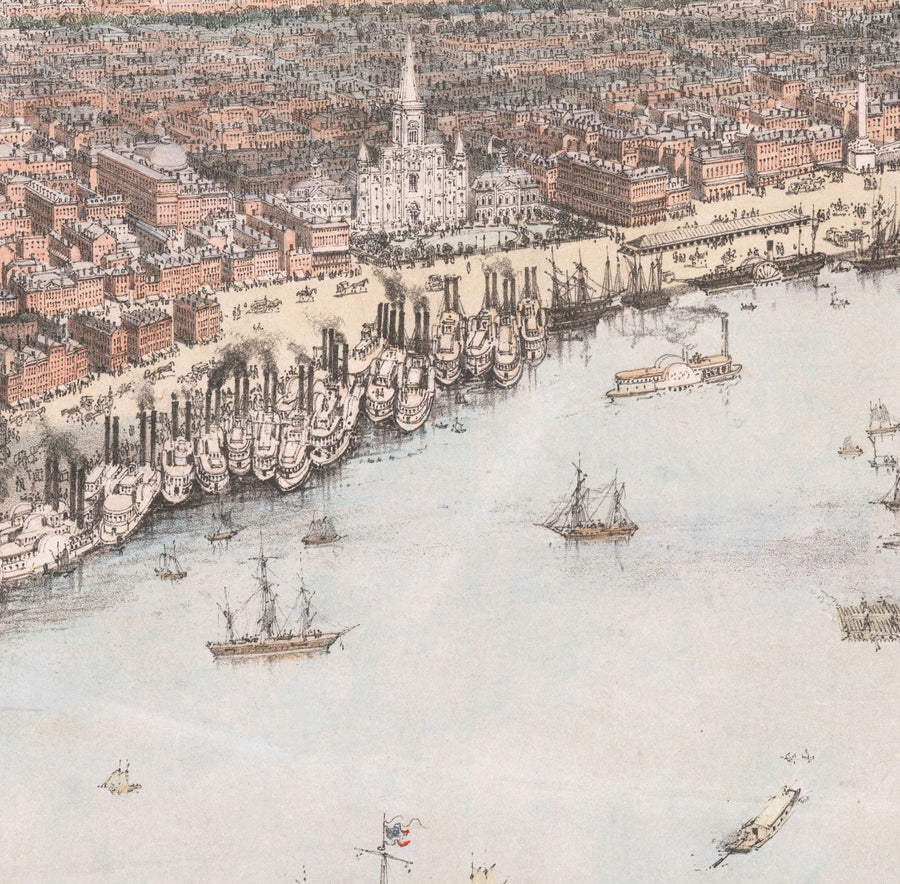 Vecchia mappa Birds Eye di New Orleans nel 1851 - Quartiere Francese, CBD, Treme, fiume Mississippi, Cattedrale di St Louis, Jackson Square 