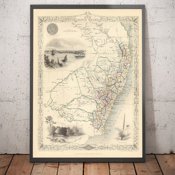 Ancienne carte de la Nouvelle-Galles du Sud, Australie 1851 par Tallis & Rapkin - Sydney, Newcastle, Brisbane, Botany Bay, comtés NSW