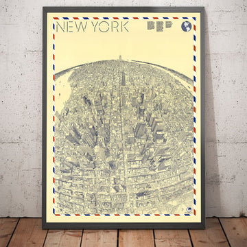 Vecchia mappa Birds Eye di New York nel 1982 - Manhattan, Midtown, Empire State, Chrysler, Torri Gemelle, Central Park 5th Avenue 